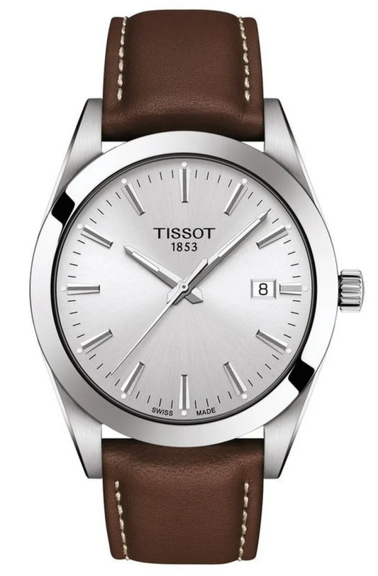 Tissot Gentleman Watch - Silver Dial & Brown Leather Strap - T127.410.16.031.00