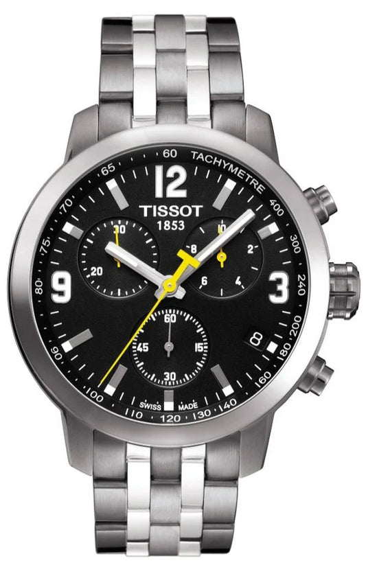 Tissot PRC 200 Chronograph Black Dial Silver Steel Strap Watch For Men - T055.417.11.057.00
